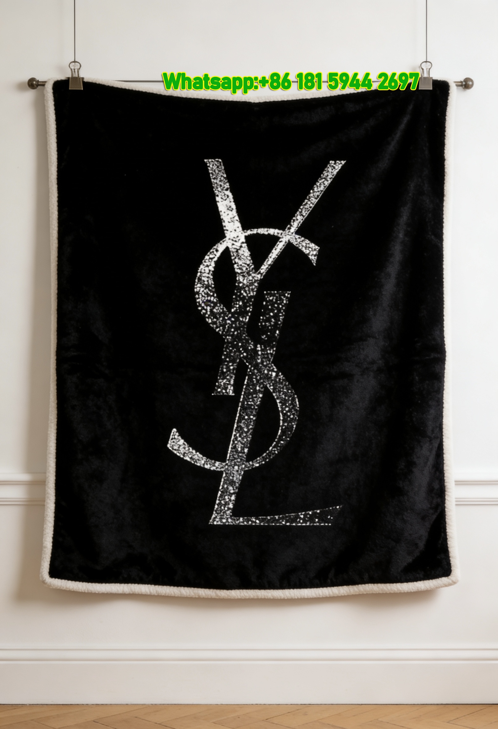 Yves Saint Laurent YSL Black Silver Glitter Logo Printed Flannel Sofa Throw Blanket IMG_3222